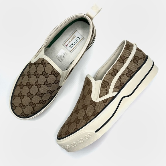 NEW Gucci Beige Tennis 1977 Canvas Monogram Logo Slip On Sneakers Trainers Shoes - Picture 1 of 11